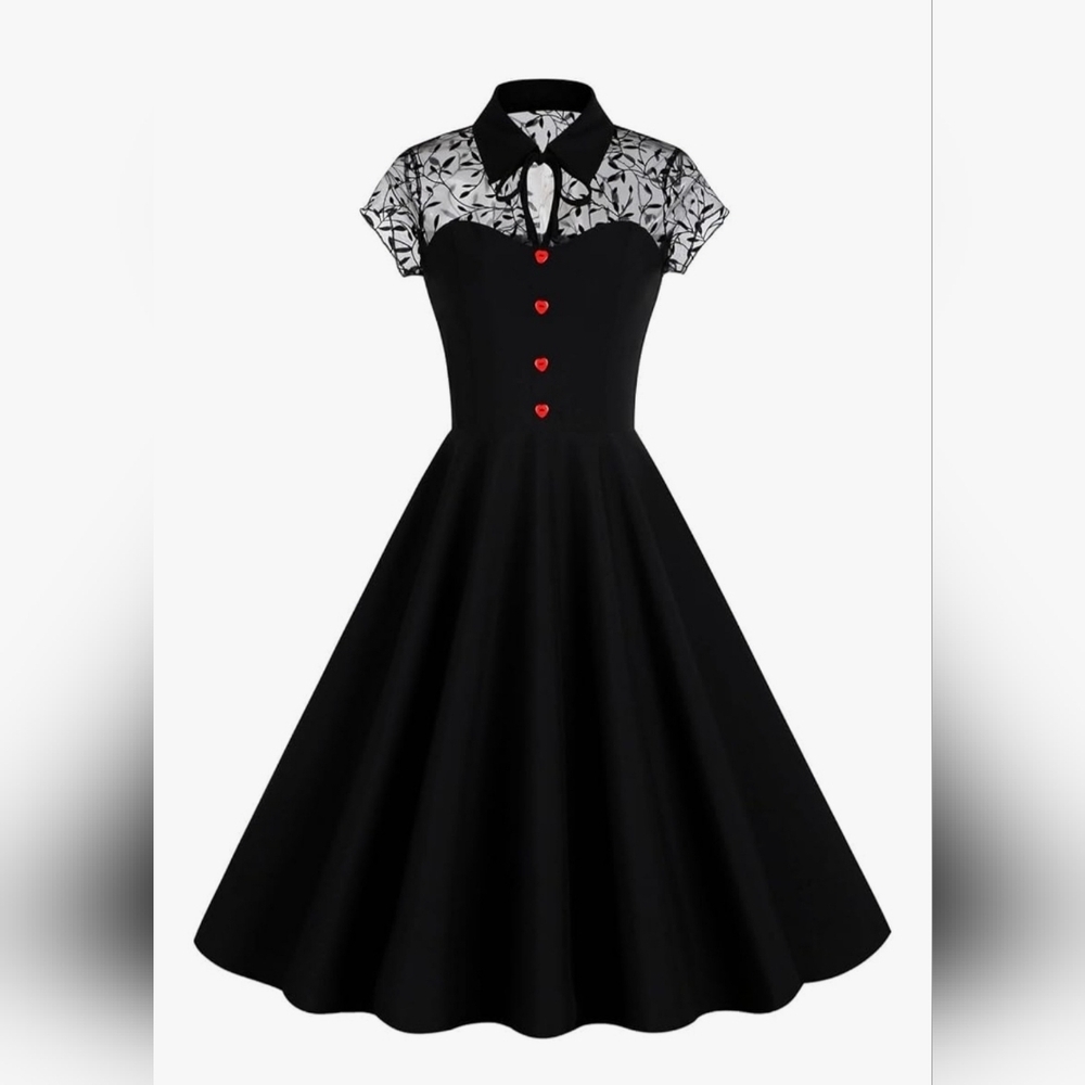 Chic Black Midi Dress with Red Button Detail